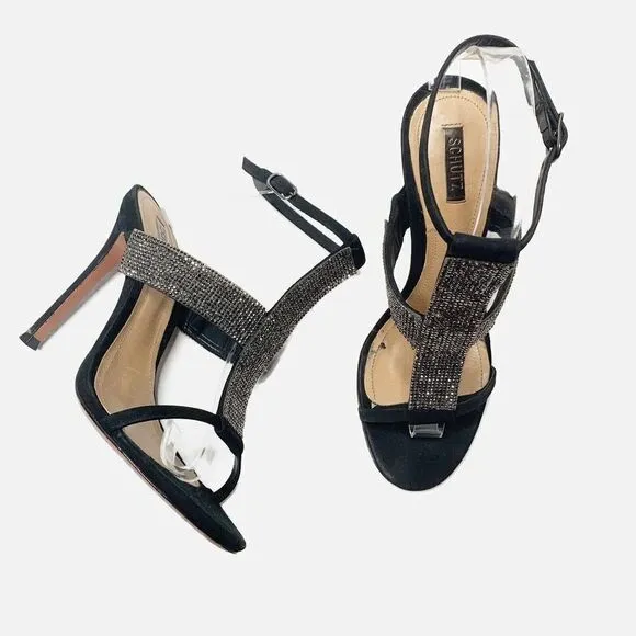Schutz Shoes Women’s Black Suede Heeled Sandals Crystal Straps Size 6B 37 Eur