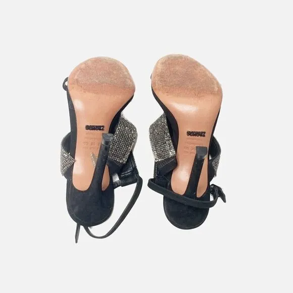 Schutz Shoes Women’s Black Suede Heeled Sandals Crystal Straps Size 6B 37 Eur