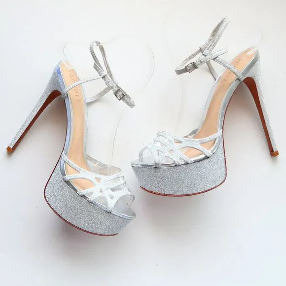SCHUTZ Silver Sparkly Glitter Platform Heels Strappy Stiletto Sandals Party 8.5