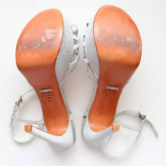 SCHUTZ Silver Sparkly Glitter Platform Heels Strappy Stiletto Sandals Party 8.5