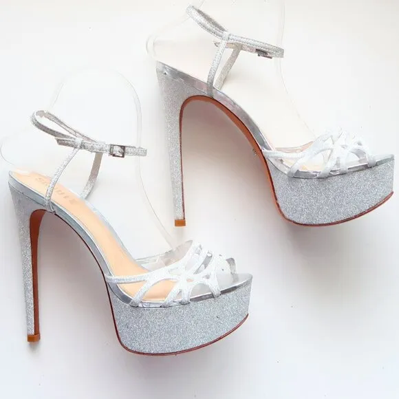 SCHUTZ Silver Sparkly Glitter Platform Heels Strappy Stiletto Sandals Party 8.5