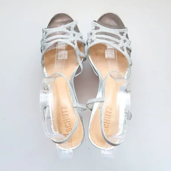 SCHUTZ Silver Sparkly Glitter Platform Heels Strappy Stiletto Sandals Party 8.5