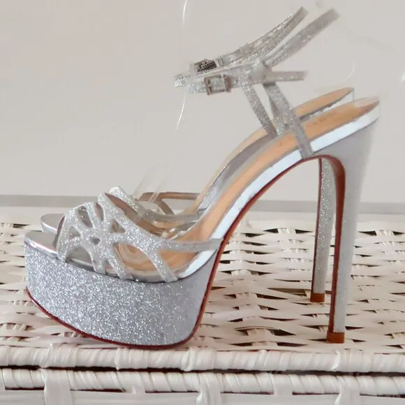 SCHUTZ Silver Sparkly Glitter Platform Heels Strappy Stiletto Sandals Party 8.5