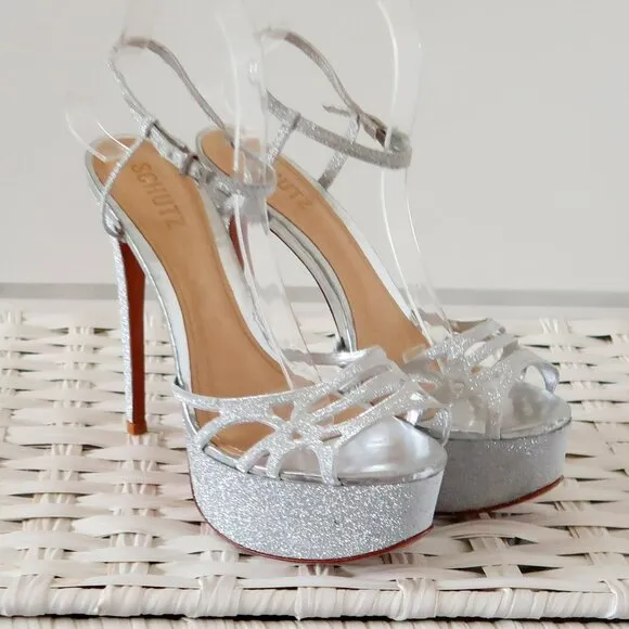 SCHUTZ Silver Sparkly Glitter Platform Heels Strappy Stiletto Sandals Party 8.5