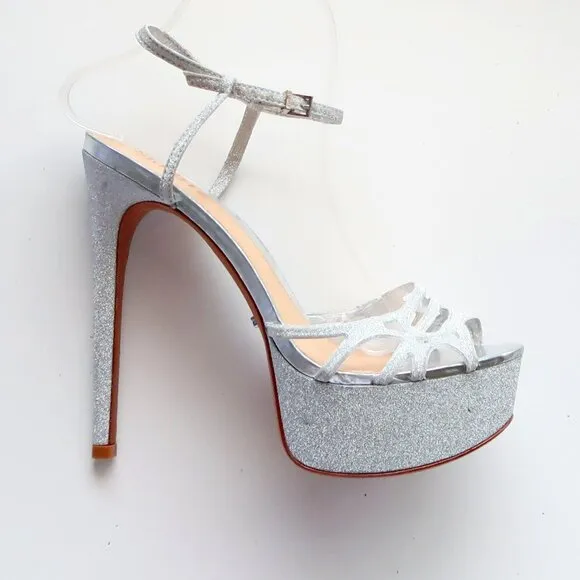 SCHUTZ Silver Sparkly Glitter Platform Heels Strappy Stiletto Sandals Party 8.5
