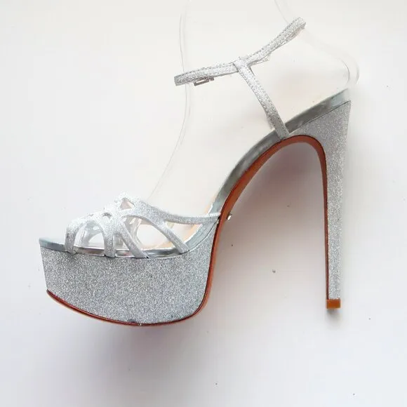 SCHUTZ Silver Sparkly Glitter Platform Heels Strappy Stiletto Sandals Party 8.5