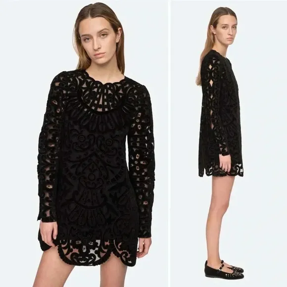 SEA‎ NY Dana Embroidered Illusion Black Velvet Dress Size 6 NWT