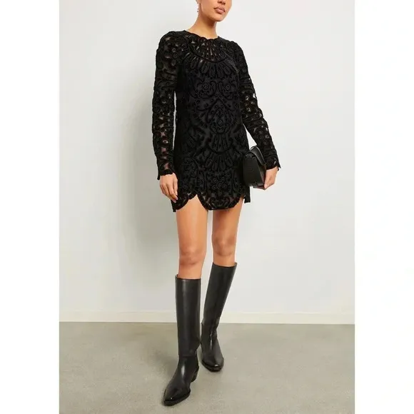 SEA‎ NY Dana Embroidered Illusion Black Velvet Dress Size 6 NWT