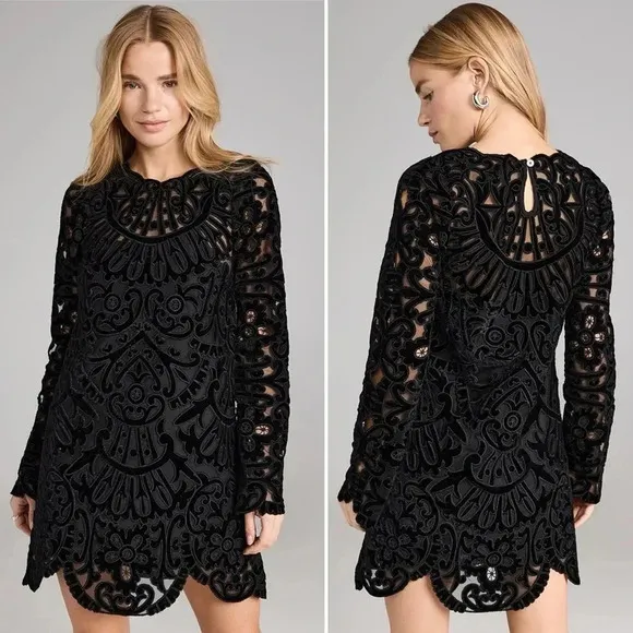 SEA‎ NY Dana Embroidered Illusion Black Velvet Dress Size 6 NWT