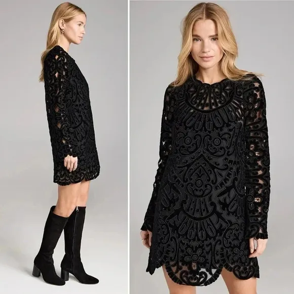 SEA‎ NY Dana Embroidered Illusion Black Velvet Dress Size 6 NWT