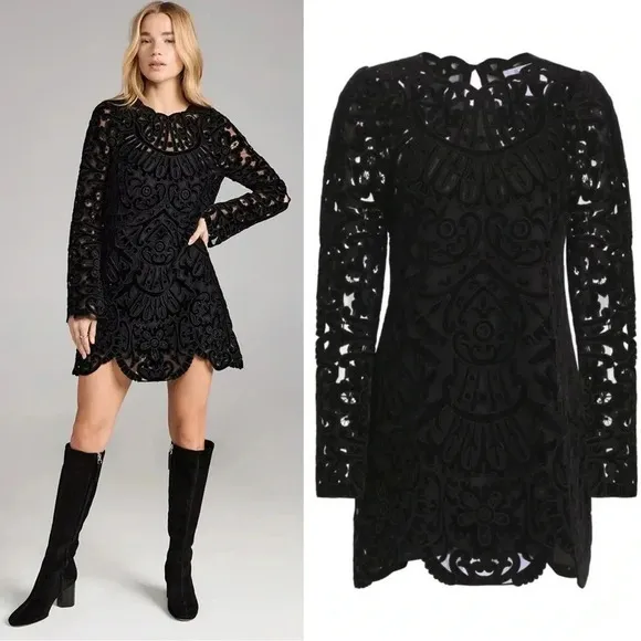 SEA‎ NY Dana Embroidered Illusion Black Velvet Dress Size 6 NWT