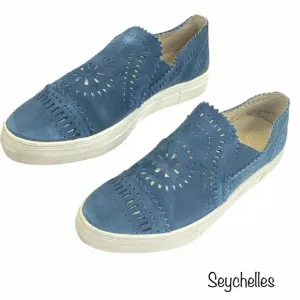 Seychelles Sneakers Blue Size 9.5 So Nice Suede Slip On Cut Out Laser Cut Flat
