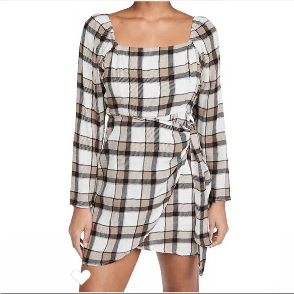 Shopbop | Rahi Plaid Square Neck Puff Sleeve Mini Dress