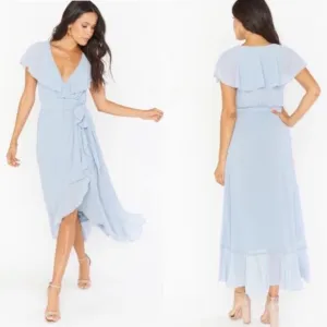 Show Me Your Mumu Jess Ruffle Midi Dress Steel Blue Chiffon Size XXS