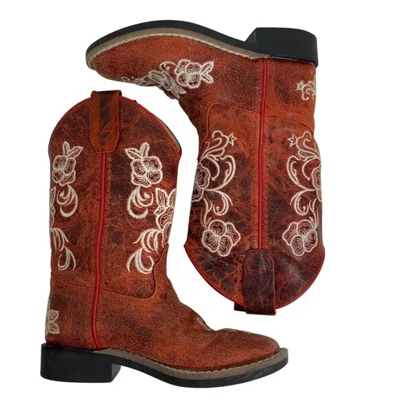 Shyanne Red Leather Western Embroidered Floral Cowboy Boots Girls Youth 12D EUC