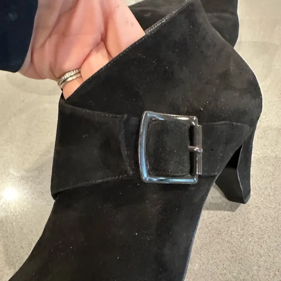 Sigerson Morrison Genuine Suede Buckle Slip On Notched Heel Ankle Boot Booties