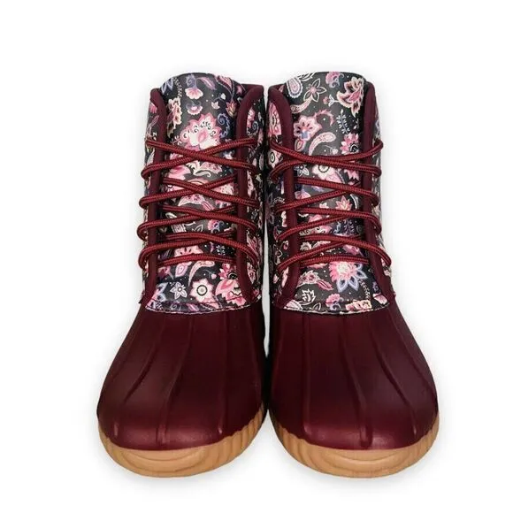 Simply Southern Paisley Floral Lace-up Duck Boots Wine / Multicolor Women's 9