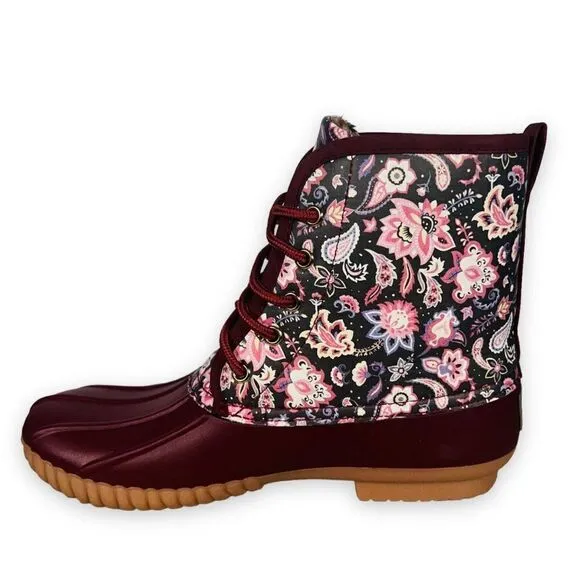Simply Southern Paisley Floral Lace-up Duck Boots Wine / Multicolor Women's 9