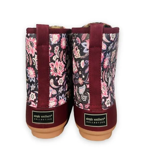 Simply Southern Paisley Floral Lace-up Duck Boots Wine / Multicolor Women's 9
