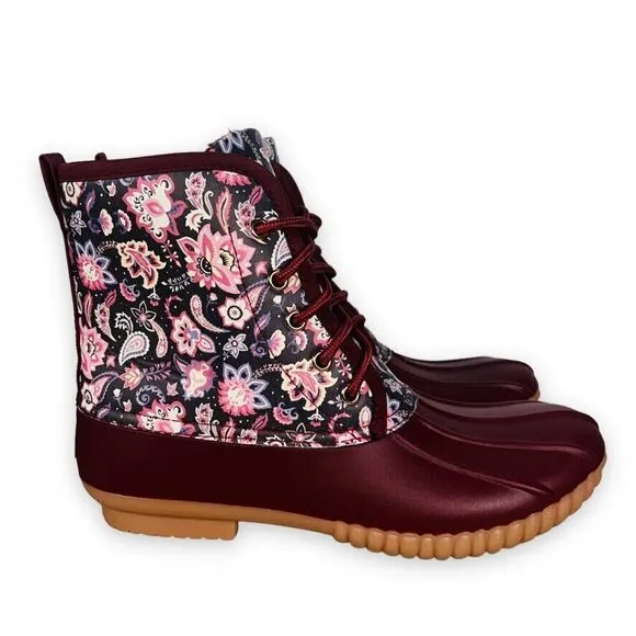 Simply Southern Paisley Floral Lace-up Duck Boots Wine / Multicolor Women's 9