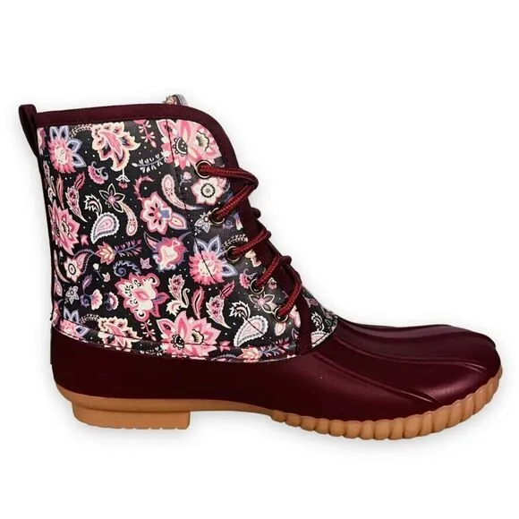 Simply Southern Paisley Floral Lace-up Duck Boots Wine / Multicolor Women's 9