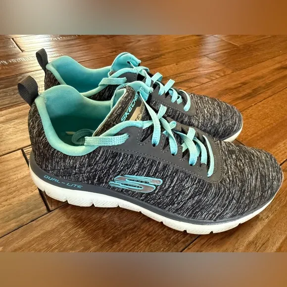 Skechers Flex Appeal 2.0 High Energy Women 6 Memory Foam Black Turquoise Shoes