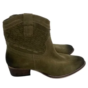 Skechers Olive Green Distressed Suede Leather Slip-on Western Boots Booties