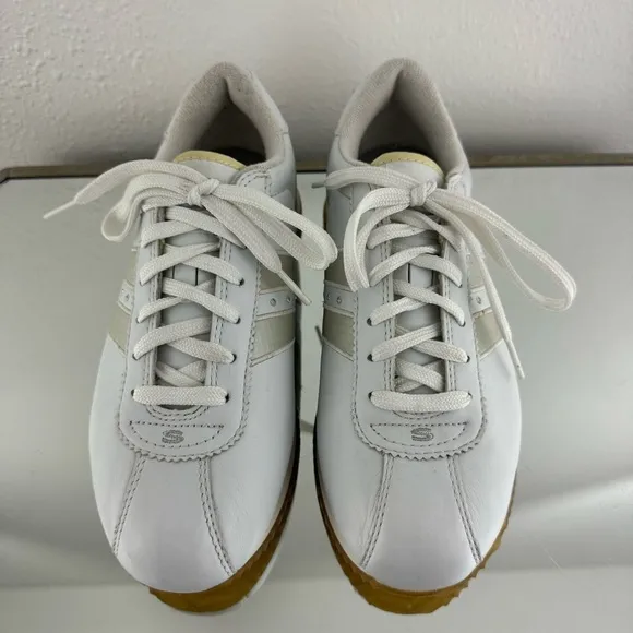 SKECHERS Vintage Y2K 2000s White Leather Rhinestone Stripe Casual Track Sneakers