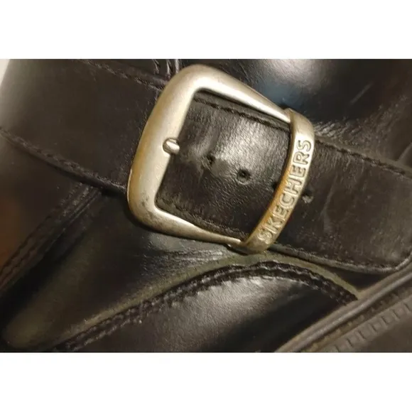 Sketchers Men’s Black Leather Ankle Boots Silver Buckle Adjustable Strap Size 13