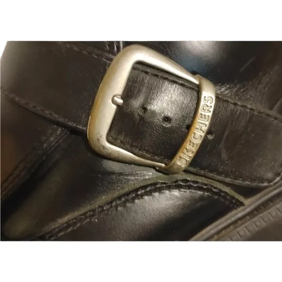 Sketchers Men’s Black Leather Ankle Boots Silver Buckle Adjustable Strap Size 13