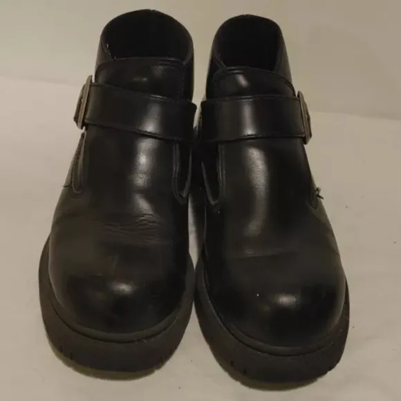 Sketchers Men’s Black Leather Ankle Boots Silver Buckle Adjustable Strap Size 13