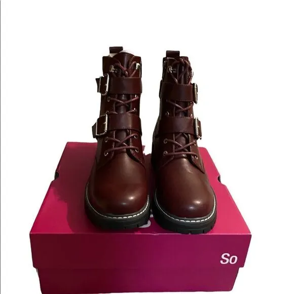SO Finleyy Women's Combat Boots  - Burgundy, 8Wide