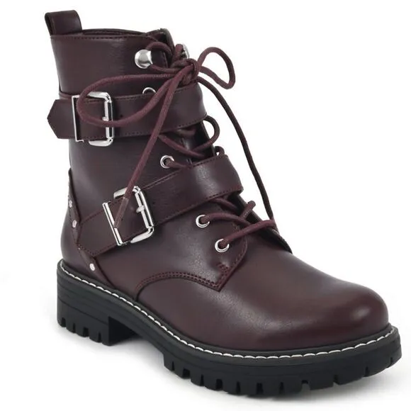 SO Finleyy Women's Combat Boots  - Burgundy, 8Wide
