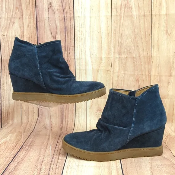 Sofft Siri Wedge Suede Booties Ankle Boots Dark Blue Sz 10
