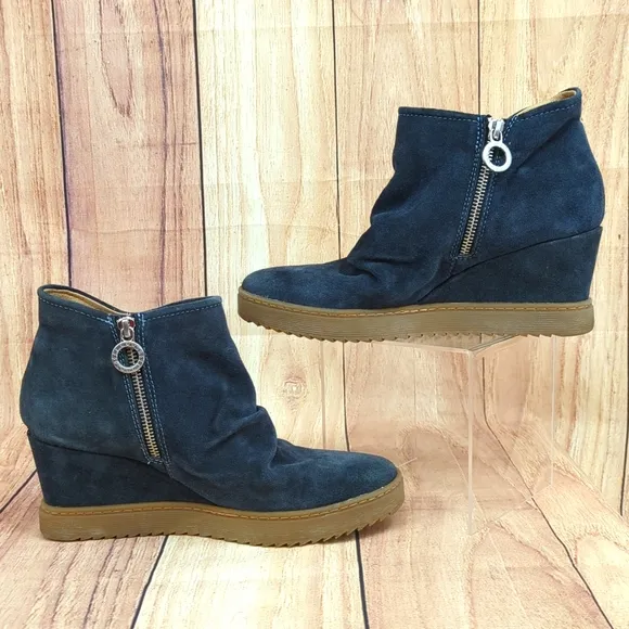 Sofft Siri Wedge Suede Booties Ankle Boots Dark Blue Sz 10