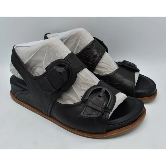 Sofft Womens Size 8.5 Adalia Croc Embossed Black Suede Leather Sandals Shoes