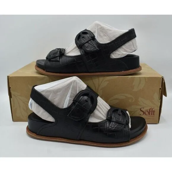 Sofft Womens Size 7 Adalia Croc Embossed Black Suede Leather Sandals Shoes
