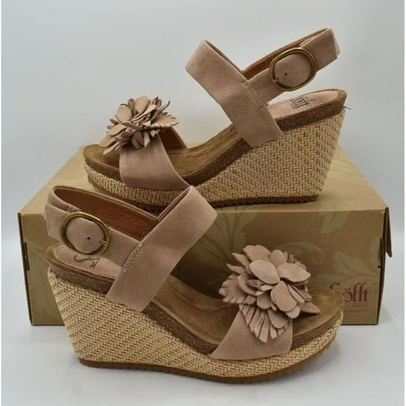 Sofft Womens Size 8 Cali Rose Taupe Suede Wedge Sandals Shoes