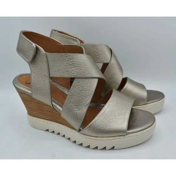 Sofft Womens Size 9 Uxley Grey Gold Metallic Leather Wedge Sandals Shoes