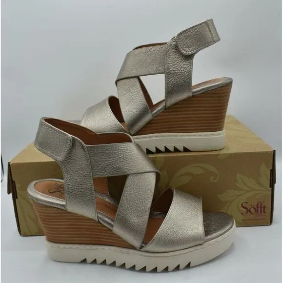 Sofft Womens Size 9 Uxley Grey Gold Metallic Leather Wedge Sandals Shoes