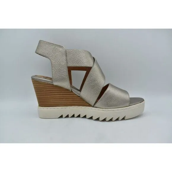 Sofft Womens Size 9 Uxley Grey Gold Metallic Leather Wedge Sandals Shoes