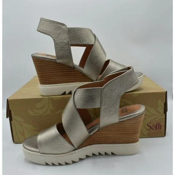 Sofft Womens Size 9 Uxley Grey Gold Metallic Leather Wedge Sandals Shoes