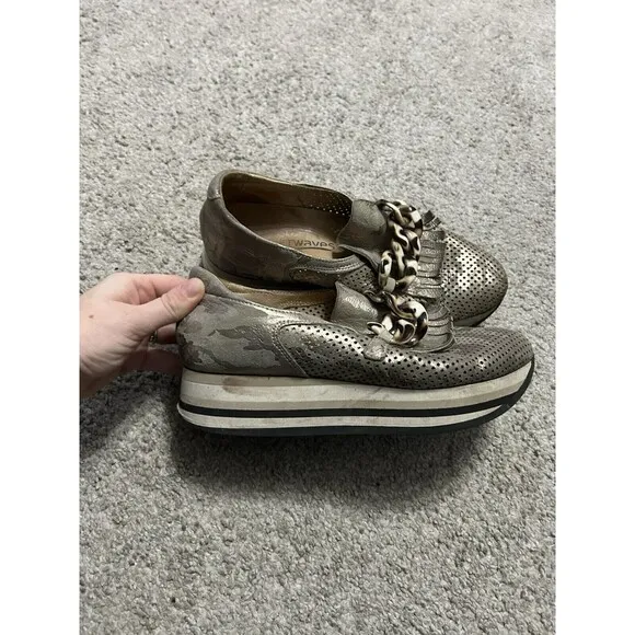 Softwaves Cadie In Kaki Metallic Slip-on Platform Sneaker, Sz 38 7.5