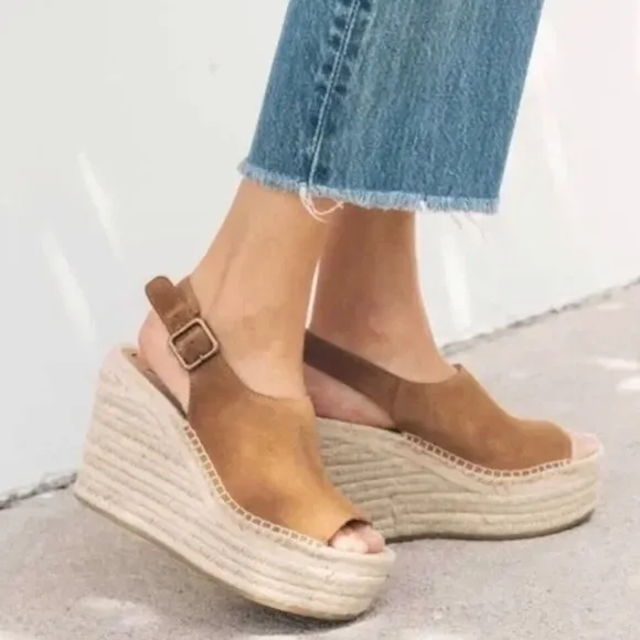 Soludos Sevilla Walnut Tan Suede Espadrille Platform Wedge Slingback Sandals 9
