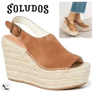 Soludos Sevilla Walnut Tan Suede Espadrille Platform Wedge Slingback Sandals 9