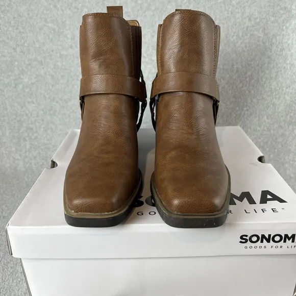 Sonoma Western Ankle Boots Womens Size 7.5 Block Heel Brown Faux Leather New