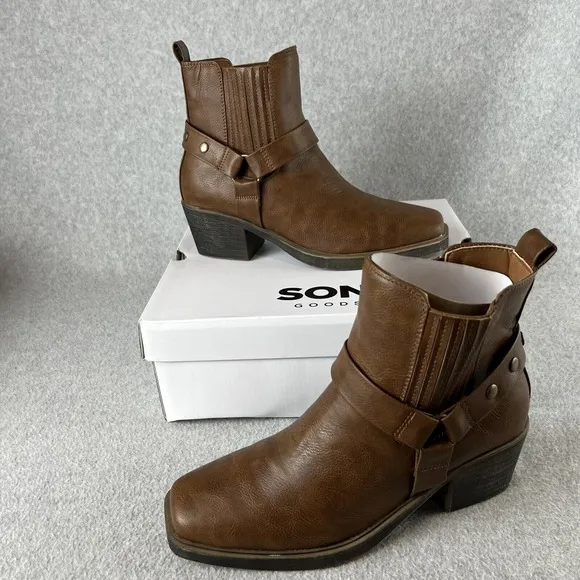 Sonoma Western Ankle Boots Womens Size 7.5 Block Heel Brown Faux Leather New