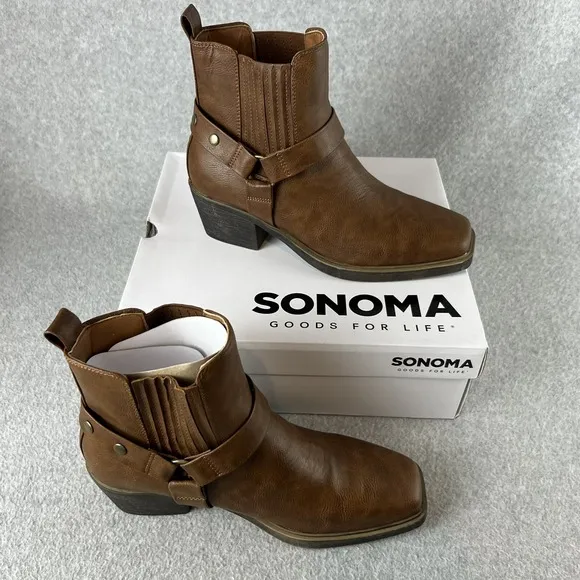 Sonoma Western Ankle Boots Womens Size 7.5 Block Heel Brown Faux Leather New