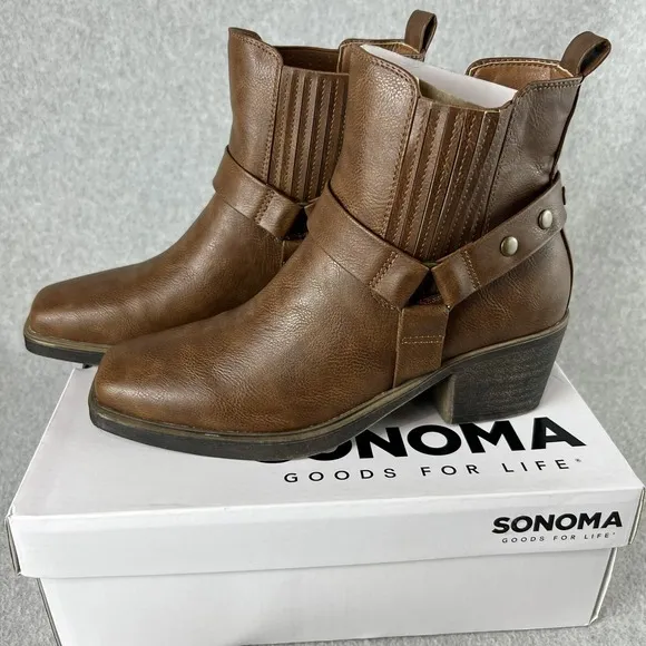 Sonoma Western Ankle Boots Womens Size 7.5 Block Heel Brown Faux Leather New