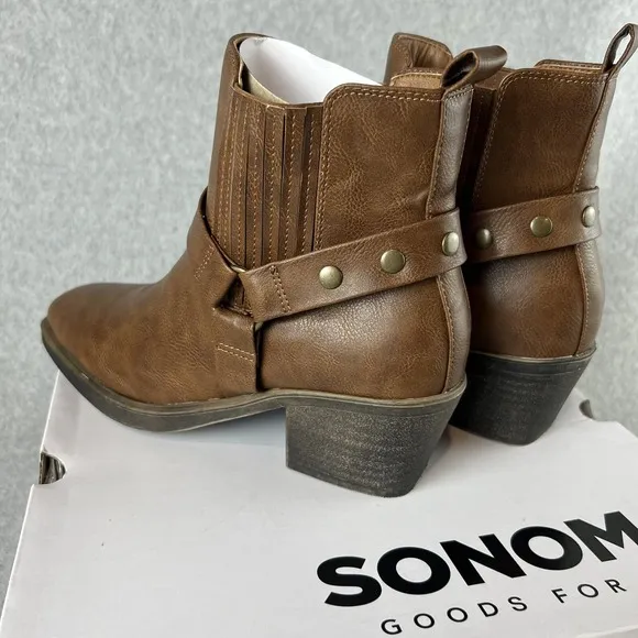 Sonoma Western Ankle Boots Womens Size 7.5 Block Heel Brown Faux Leather New